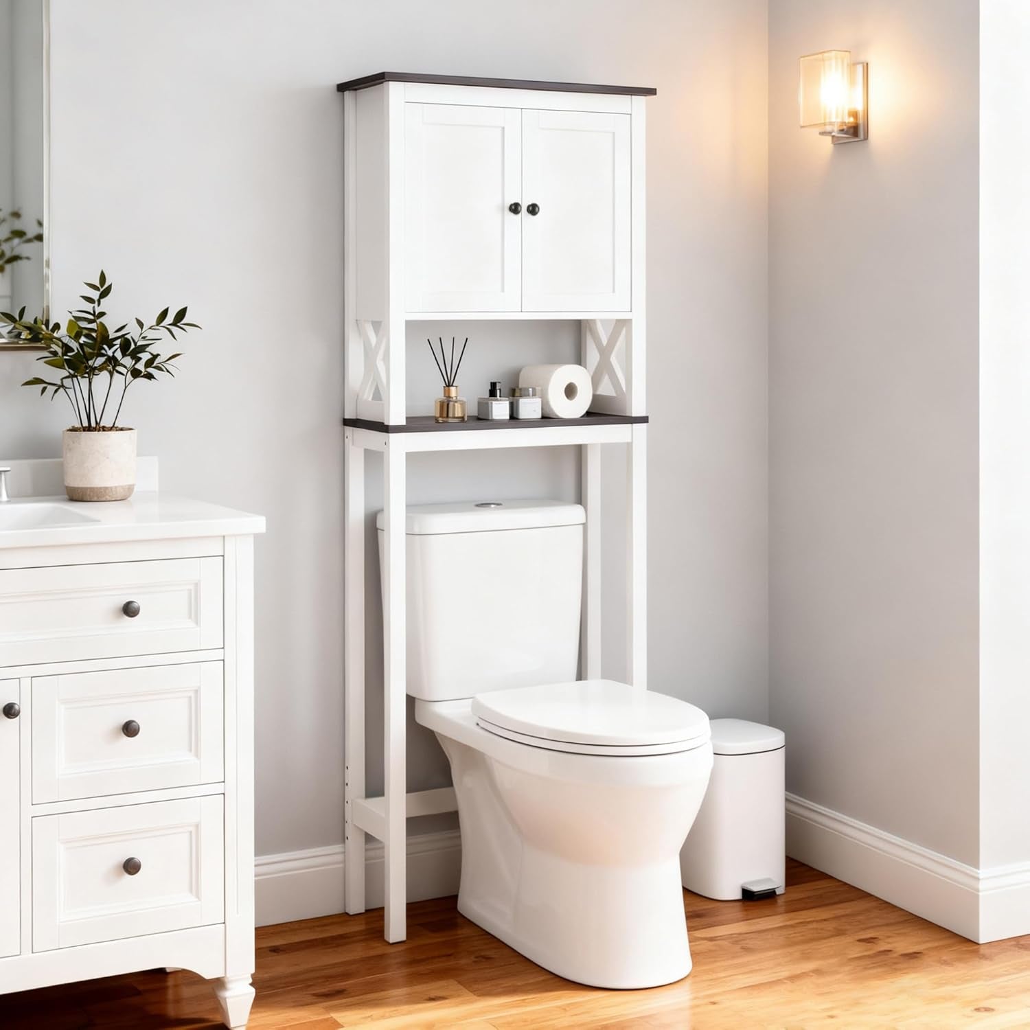 over the Toilet Storage Cabinet, 3-Tier Bathroom Storage Cabinet with Adjustable Shelf and Doors, Freestanding Space Saver above Toilet for Bathroom Laundry Restroom BT09 (White)