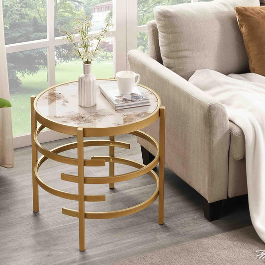 Round Marble End Table for Living Room & Home Office - Modern, Golden Metal Frame, Small Coffee Table