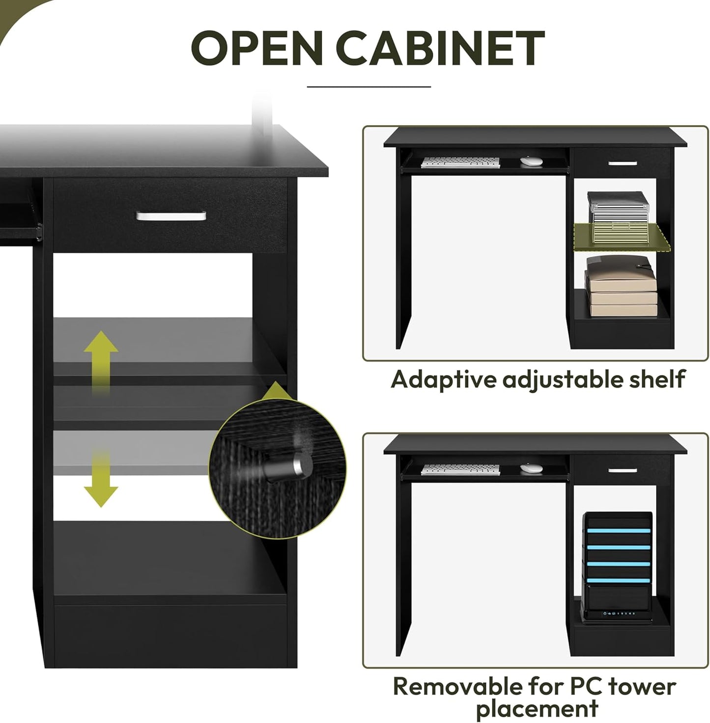 Home Office Wood Computer Desk with Drawers and Pull-Out Keyboard Tray, Study Writing Desk PC Laptop Table with Hutch and Storage Shelves, Modern Workstation, Black