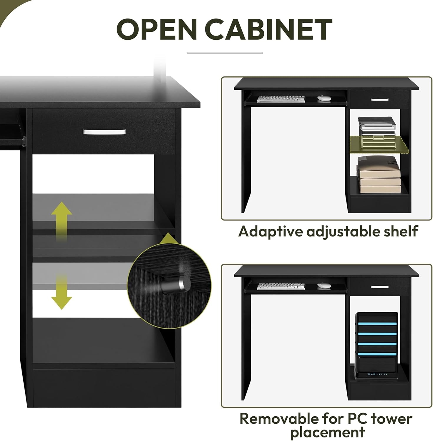 Home Office Wood Computer Desk with Drawers and Pull-Out Keyboard Tray, Study Writing Desk PC Laptop Table with Hutch and Storage Shelves, Modern Workstation, Black