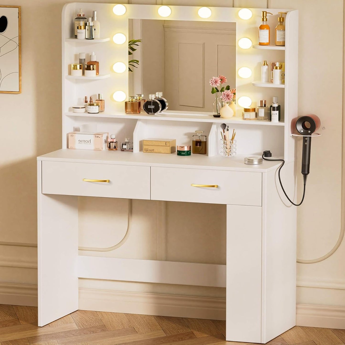 Vanity Desk with Lighted Mirror and Power Outlet, RGB LED Lights Makeup Vanity Set for Girls, Large Storage Capacity Dressing Table for Bedroom, 3 Lighting Modes Adjustable Brightness, White