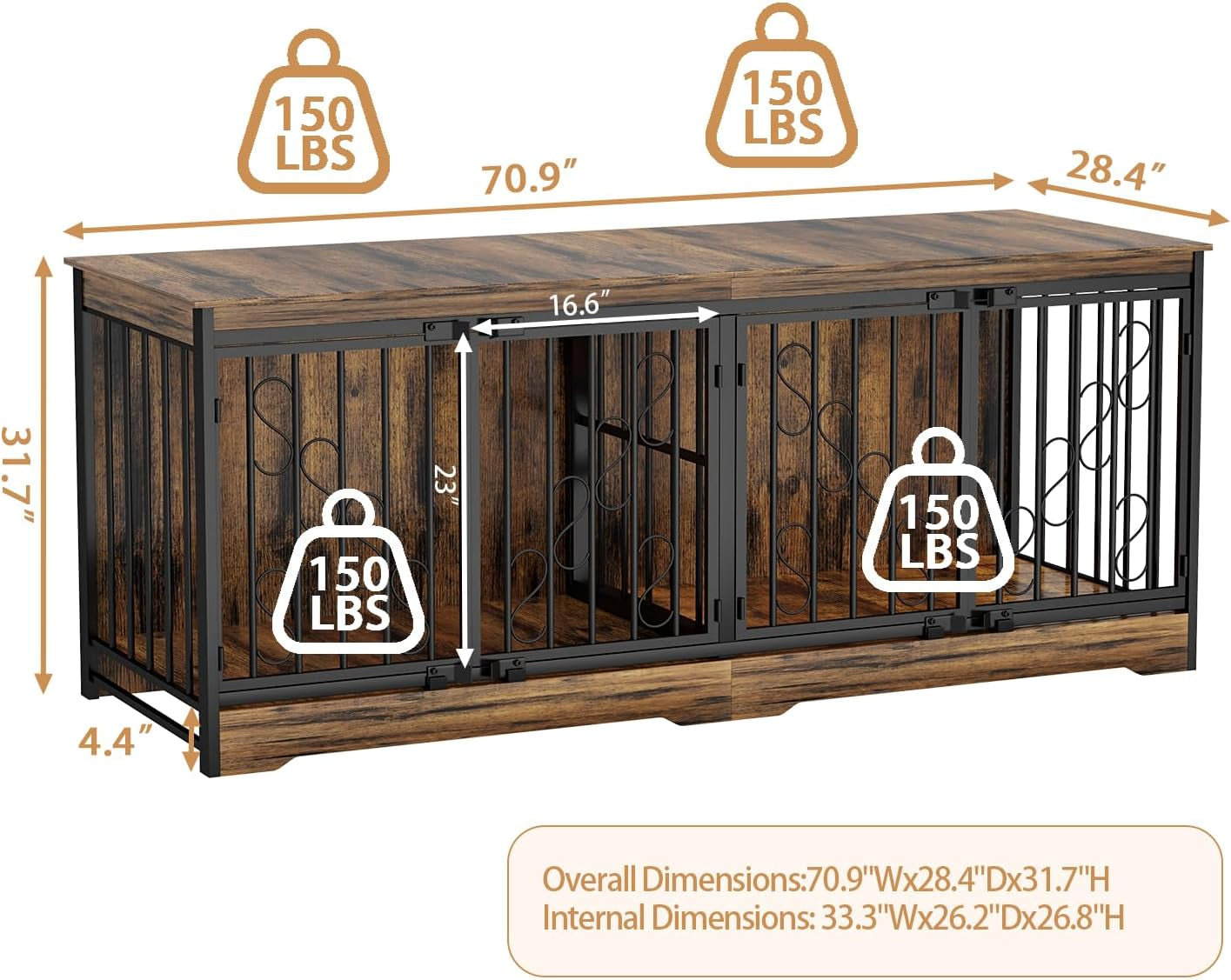 71 Inch Double Dog Crate Furniture for 2 Dogs, Decorative Wooden Dog Crates Indoor Dog Kennel TV Stand for Large Medium Small Dogs, Dog Cage Furniture Heavy Duty Pet House with Divider, Brown