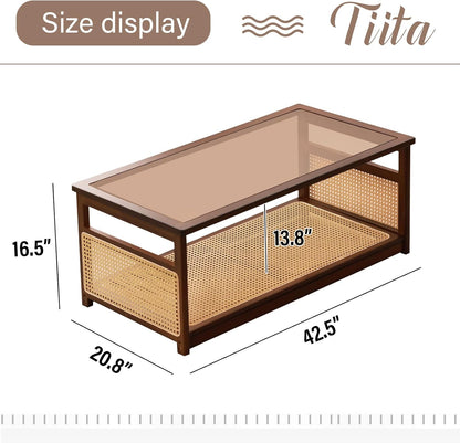 Coffee Tables for Living Room，Mid Century Modern Storage 2-Tier Coffee Tables，Rattan Glass Rectangletables，Suitable for Living Room Apartment，Brown