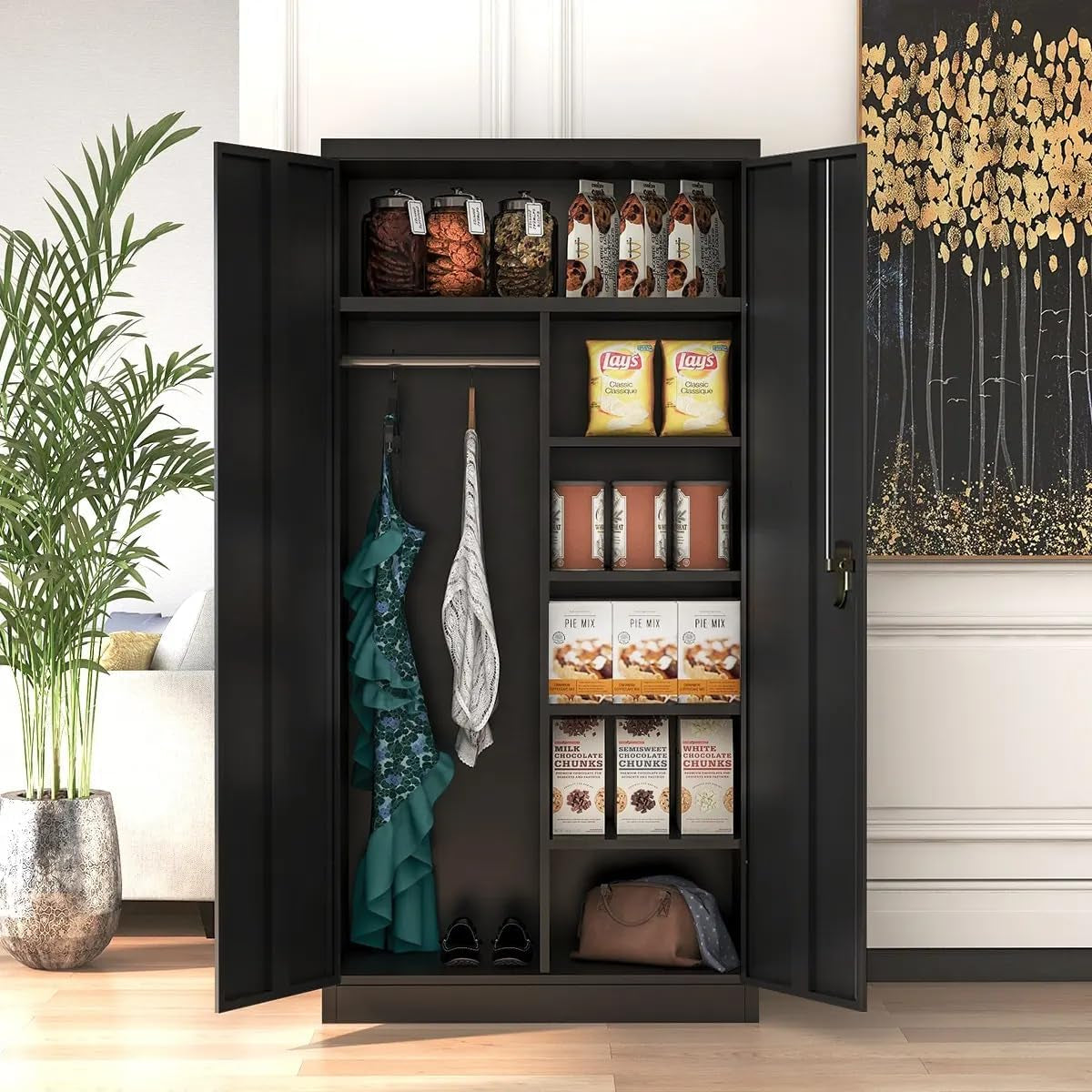 Metal Wardrobe Cabinets with Lock, 72" Clothing Storage Cabinets with Hanging Rod and 4 Adjustable Shelves, Armoire Wardrobe for Office, School, Employee, Government (Black)