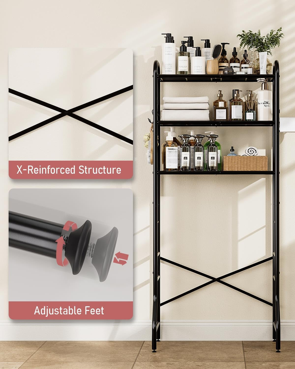 Over the Toilet Storage Rack, 3-Tier Metal Bathroom Organizer with Hooks, over the Toilet Storage Cabinet, Space Saver Shelf for Bathroom, Black, 23.6" X 13.0" X 63.4"