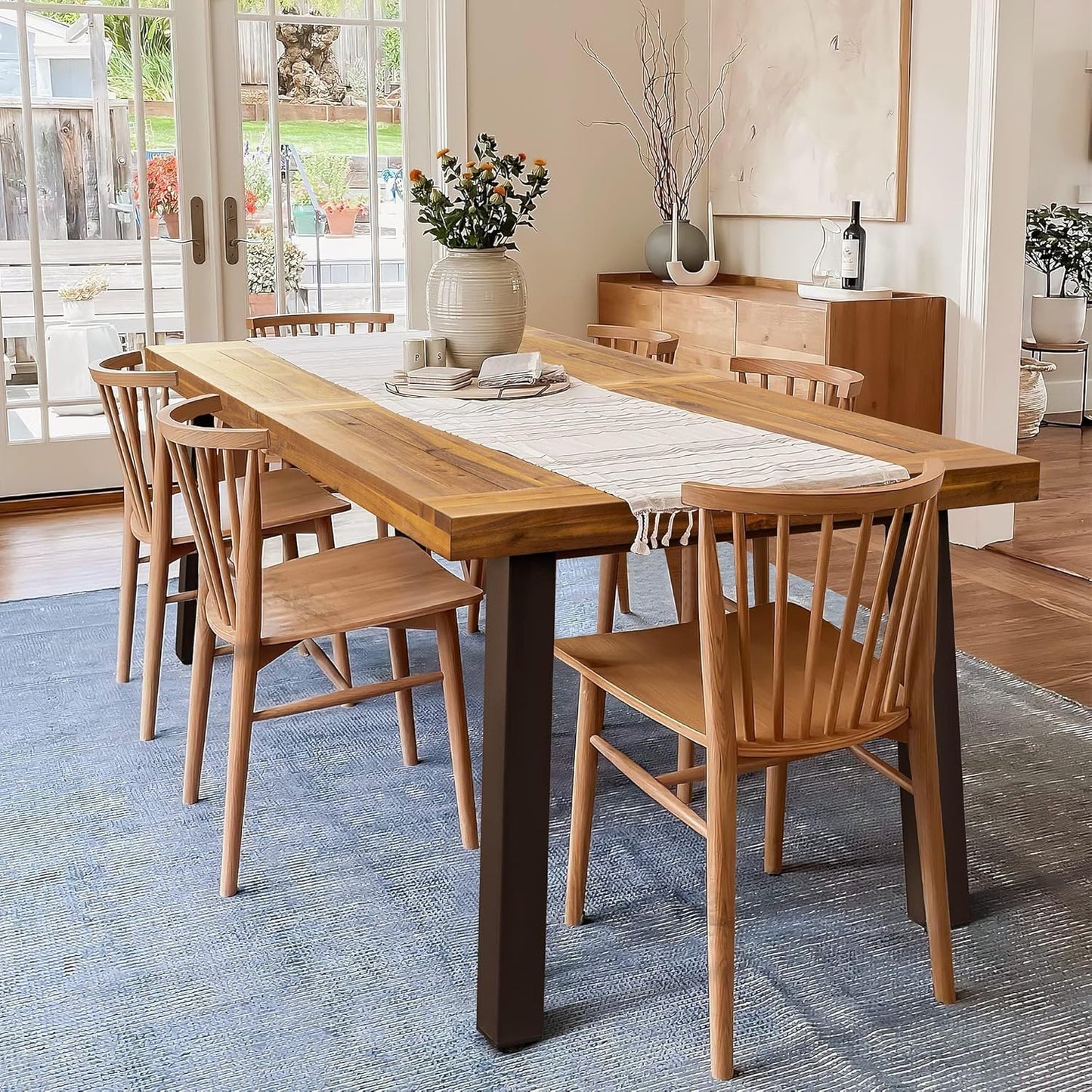 Home Acacia Wood Dining Table 6-Person Indoor Outdoor Table with Iron Legs, Sandblast Finish, Natural Stained, Rustic Metal, 69 * 33 * 30 Inch (Natural)