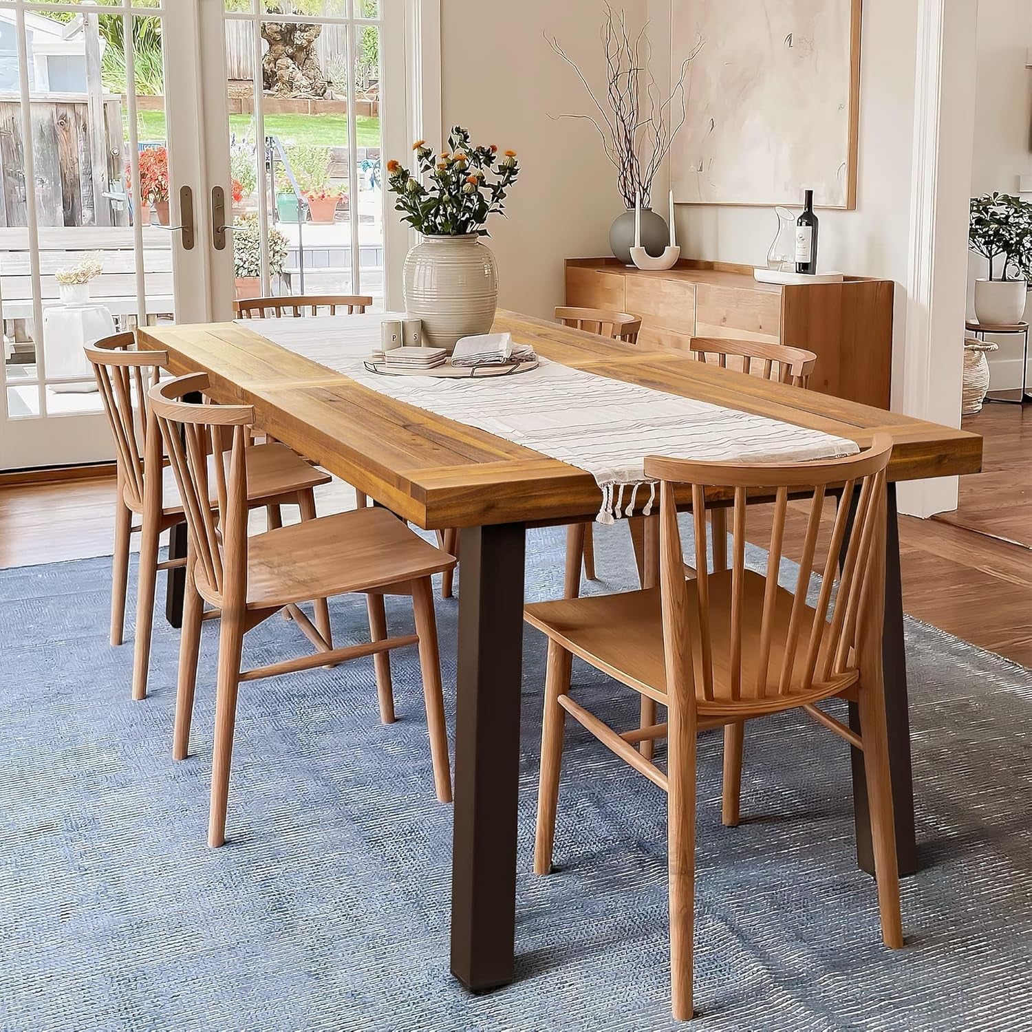 Home Acacia Wood Dining Table 6-Person Indoor Outdoor Table with Iron Legs, Sandblast Finish, Natural Stained, Rustic Metal, 69 * 33 * 30 Inch (Natural)