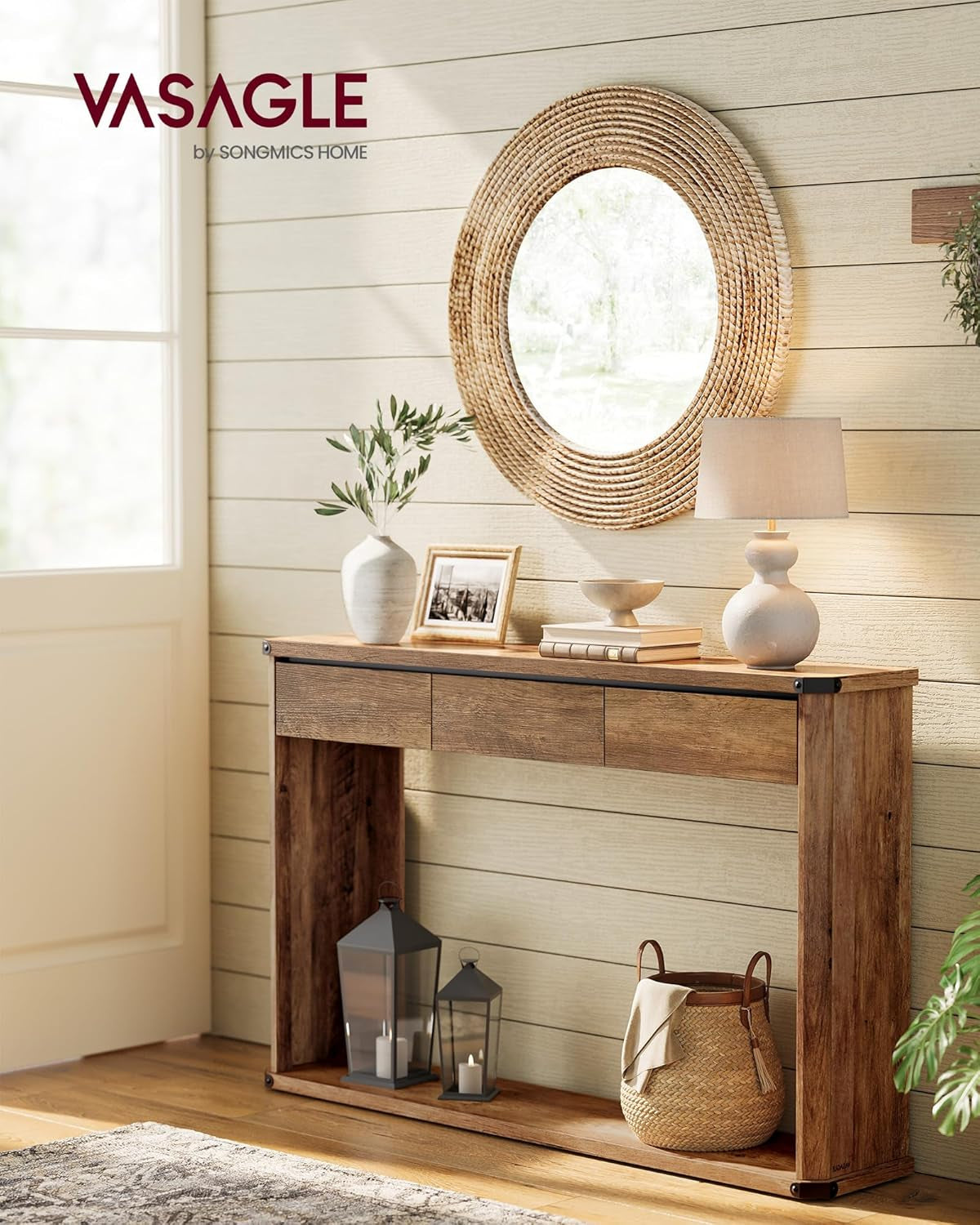 Console Table, 47.2 Inches Sofa Table, Narrow Entryway with 3 Drawers, Bottom Shelf, Metal Corners, for Living Room, Bedroom, Farmhouse Style, Honey Brown ULNT143K41