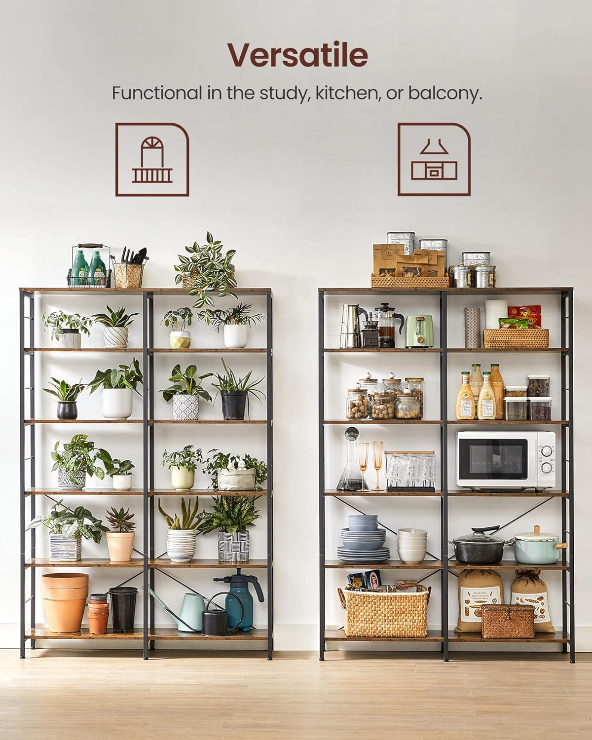 6-Tier Tall Bookshelf, Bookcase, Large Metal Shelf, 11.8 X 47.2 X 67.9 Inches, for Living Room, Kitchen, Pantry, Study, Home Office, Rustic Brown and Black ULLS114B01