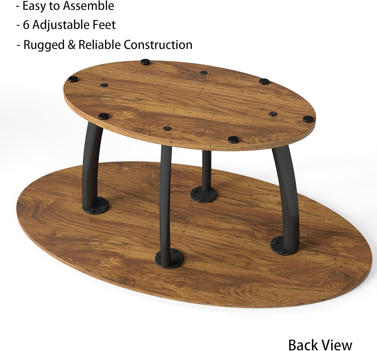 Rustic Small Oval Coffee Table for Living Room, Narrow Wood Center Table with Shelf, Retro Style Coffee Table with Curved Metal Legs, Stable and Easy Assembly, Rusric Brown