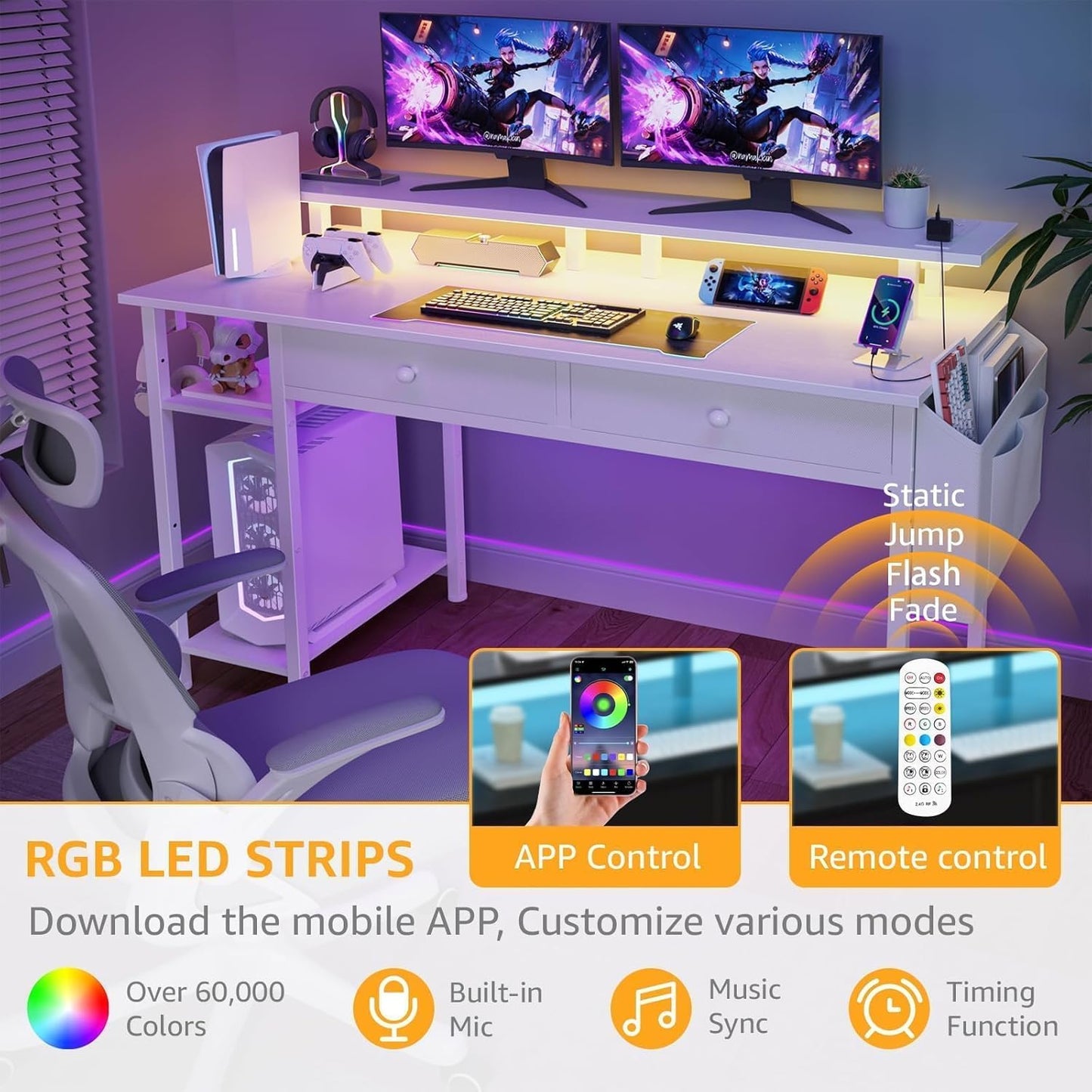 White Computer Desk with Shelves and Drawers - 47 Inch Home Office Desk with Drawers and Shelves, Small White Desk with Shelves, Computer Desk with Monitor Stand, RGB Gaming Desk with Power Outlet