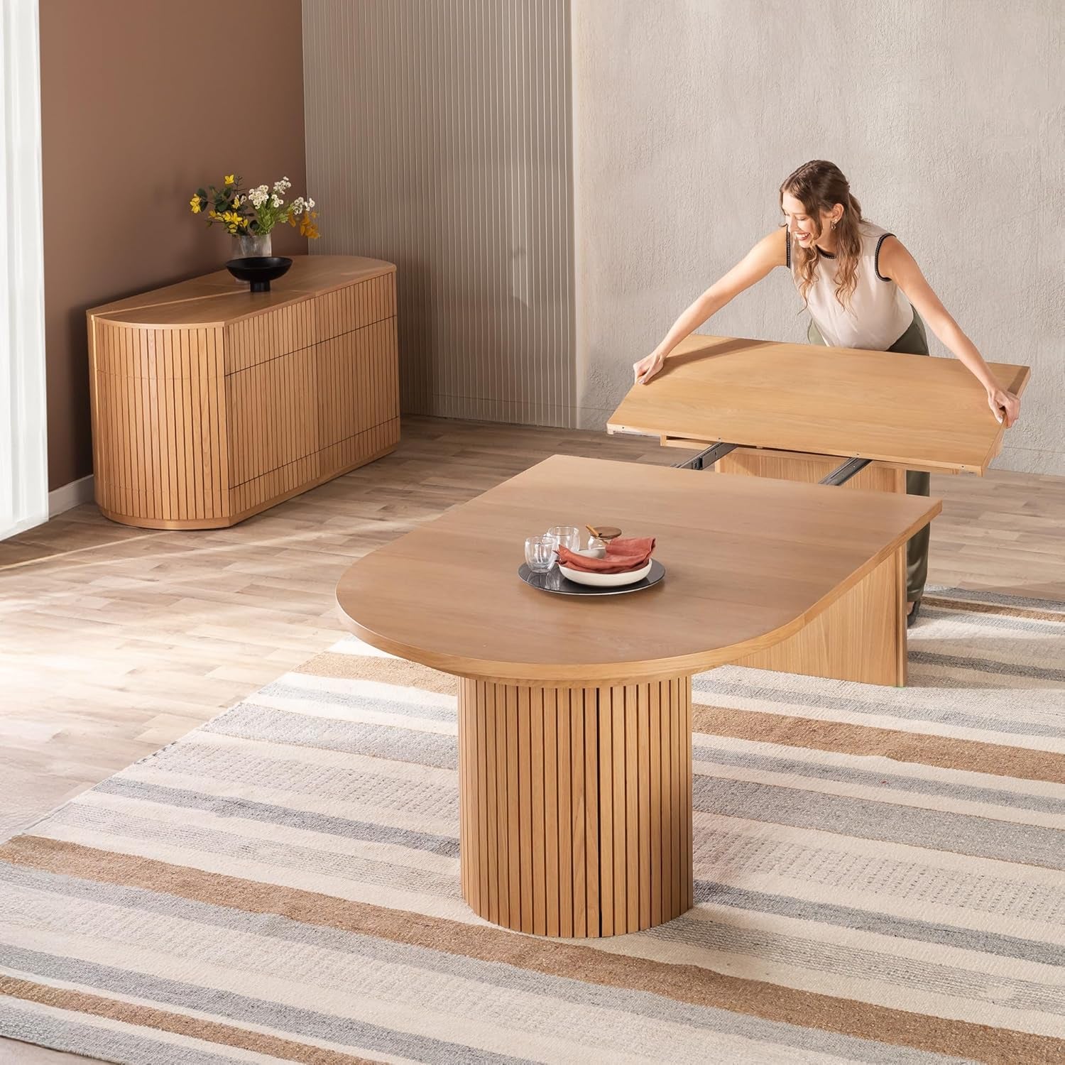 Expandable round Dining Table Set for 4 to 10 with Sideboad Panel Storage Cabinet - Solid Wood Dining Table with Hidden Storage, Space Saving Kitchen and Dining Room Furniture