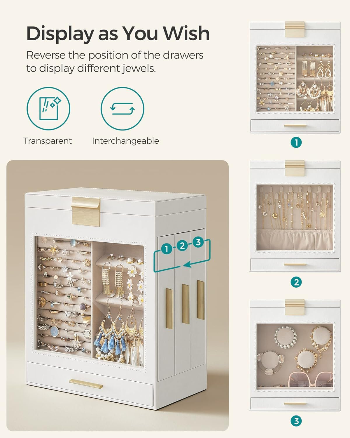 Jewelry Box with Glass Window, 5-Layer Jewelry Organizer with 3 Side Drawers, Jewelry Storage, with Big Mirror, Modern, 6.1 X 10.3 X 12.6 Inches, Cloud White and Metallic Gold UJBC162W01