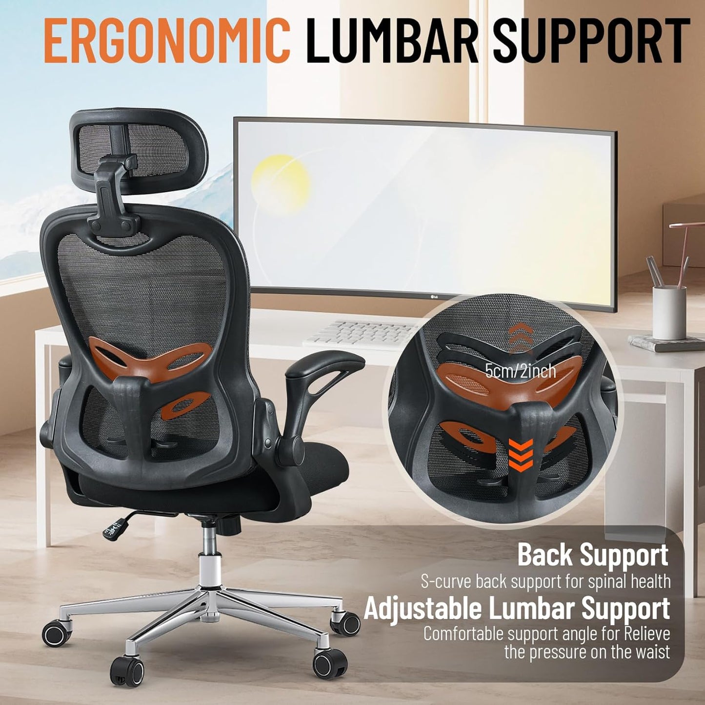 Office Chair, Ergonomic Breathable Mesh,Flip-Up Arms and Adjustable High Back Lumbar Support,Comfy Computer Chair for Home Office (Black, 407)