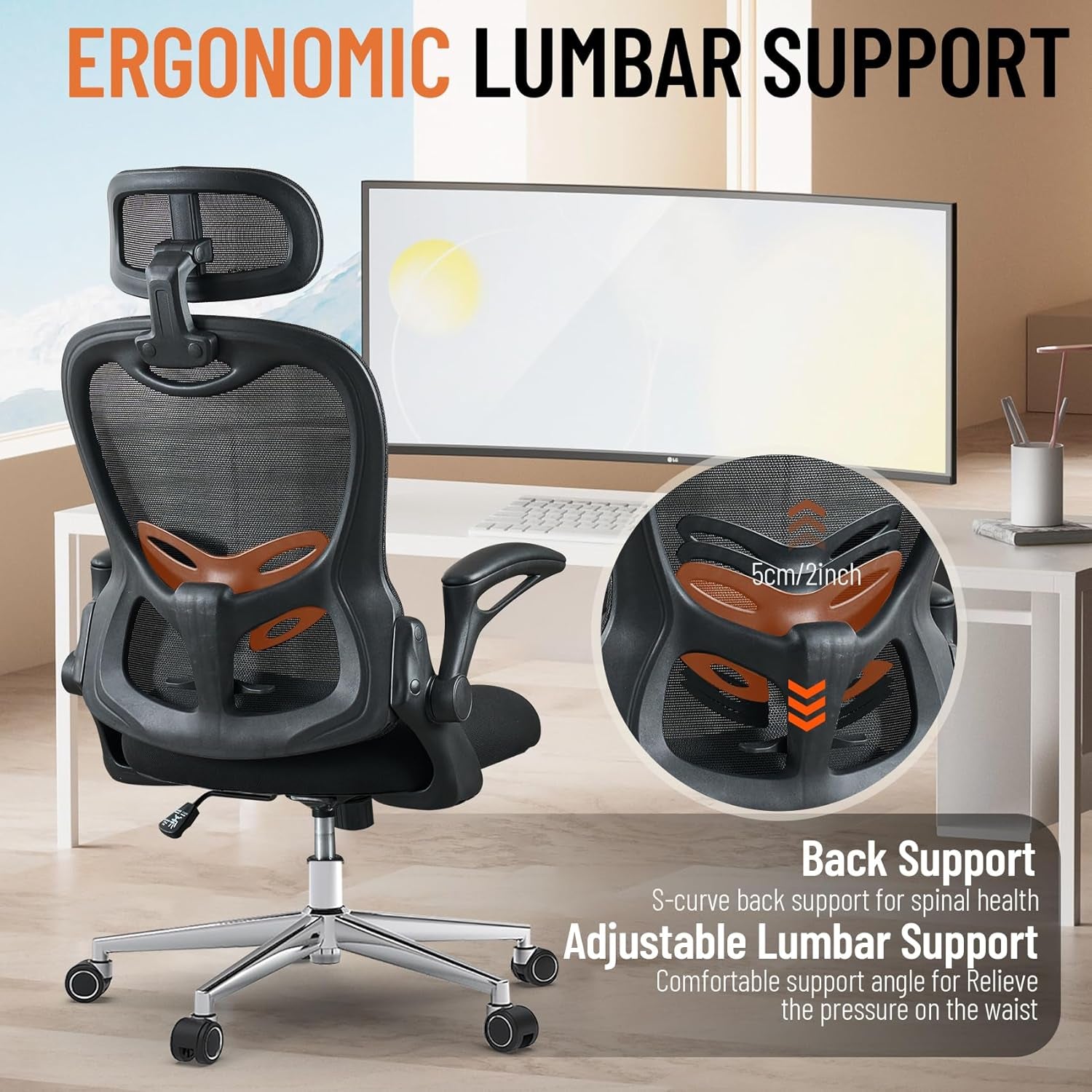 Office Chair, Ergonomic Breathable Mesh,Flip-Up Arms and Adjustable High Back Lumbar Support,Comfy Computer Chair for Home Office (Black, 407)