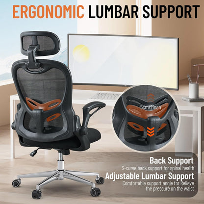 Office Chair, Ergonomic Breathable Mesh,Flip-Up Arms and Adjustable High Back Lumbar Support,Comfy Computer Chair for Home Office (Black, 407)