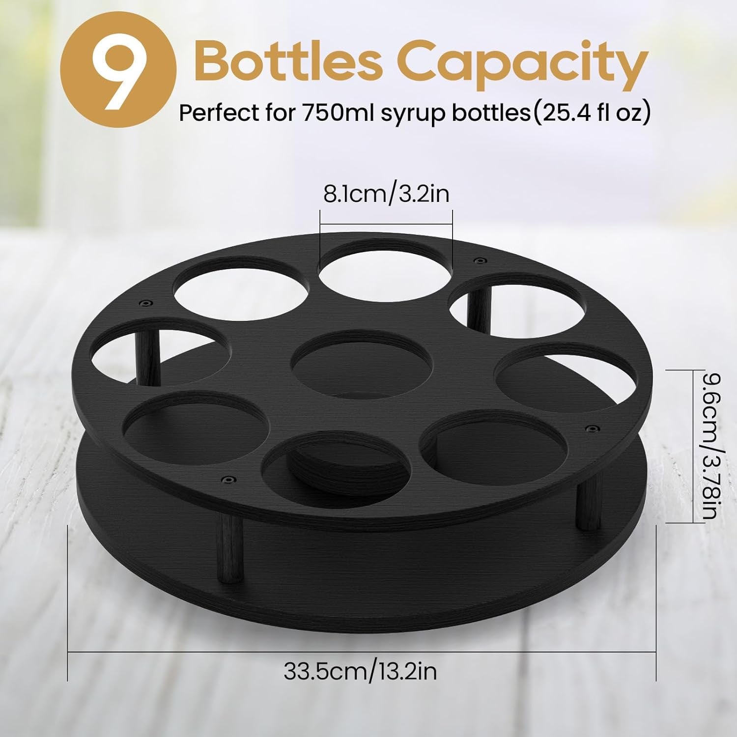 Rotating Coffee Syrup Organizer for Countertop, 9-Bottle Wooden Syrup Rack & Bottle Holder for Coffee Bar Station, Turntable Display Stand, Black