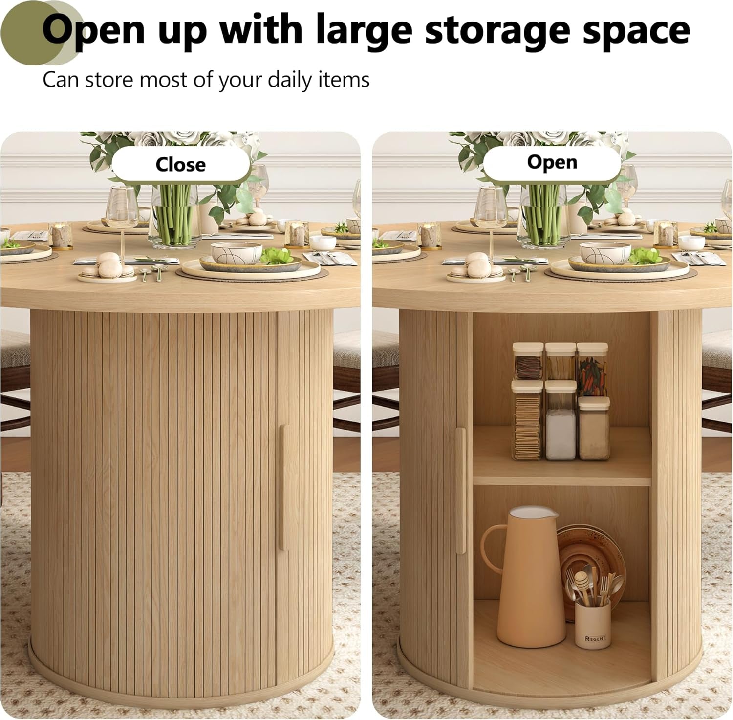 47 Inch round Dining Table for 4, Kitchen Table Dinner Table with 2-Layer Storage Shelf and Wood Slide Door for Home Dining Room Living Room (Natural)