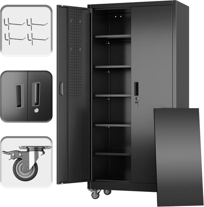 Garage Storage Cabinet with Wheels Pegboard and 5 Adjustable Shelves, 71'' X 32'' X 16''Metal Lockable Cabinet with Magnetic Doors,Tool Storage,Home Office Garage,Gym,School (Black)