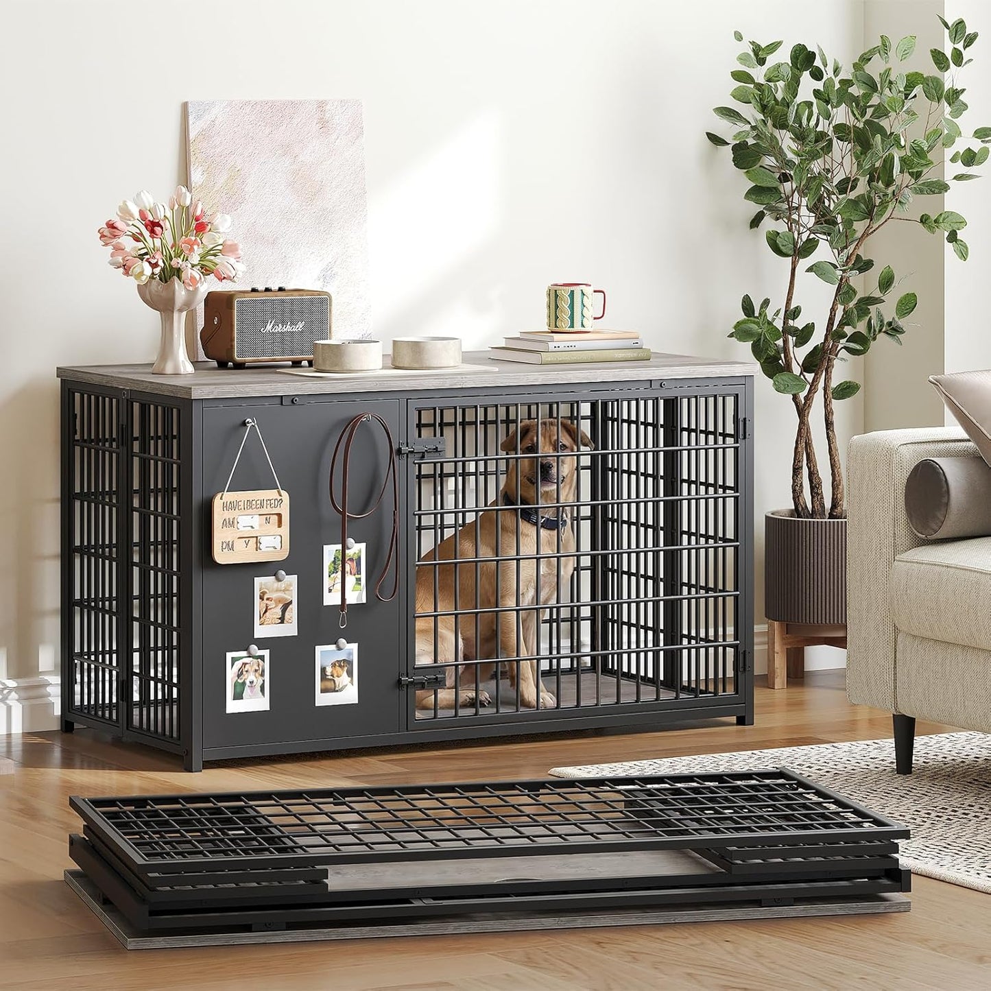 Foldable Dog Crate Furniture, 47.2" Dog Crate with DIY Frame, Heavy Duty Dog Kennel Indoor with Hooks, Wooden Dog Cage End Table, for Small/Medium/Large Dogs, Greige DC120BG