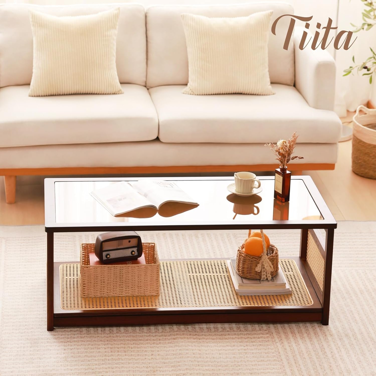 Coffee Tables for Living Room，Mid Century Modern Storage 2-Tier Coffee Tables，Rattan Glass Rectangletables，Suitable for Living Room Apartment，Brown