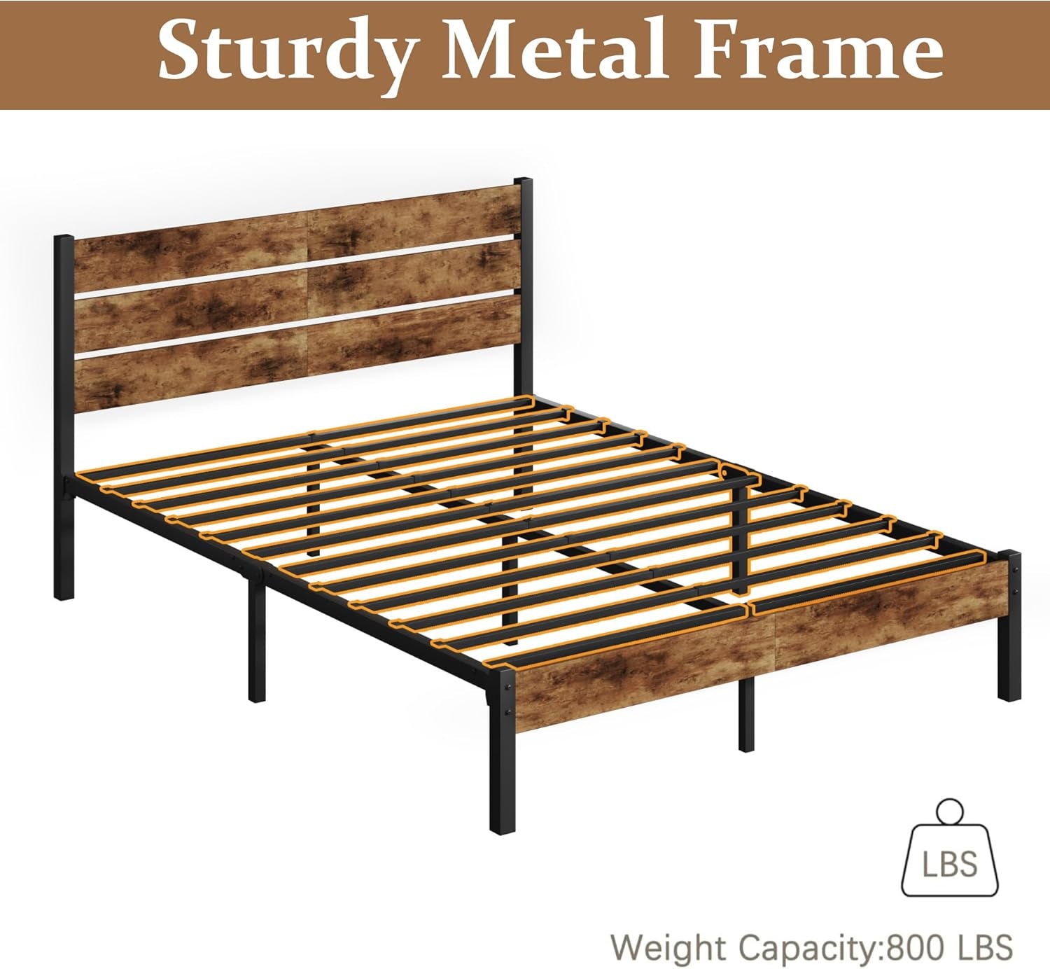 Queen Bed Frame with Headboard and Footboard, Metal Queen Bed Frame with Under-Bed Storage, All-Metal Support System, No Box Spring Needed, Easily Assemble, Rustic Brown