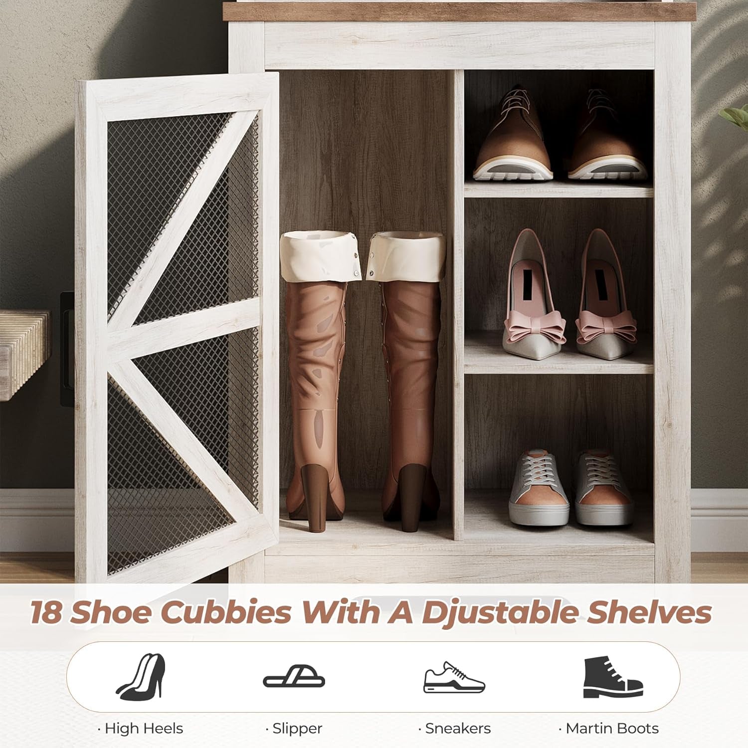 Farmhouse Hall Tree with Shoe Storage, 23" Entryway Narrow Coat Rack with 4 Cubbies, 3 Hooks & Mesh Barn Door, Coat Tree and Shoe Rack Entryway for Hallway, Living Room, Mudroom, Rustic White