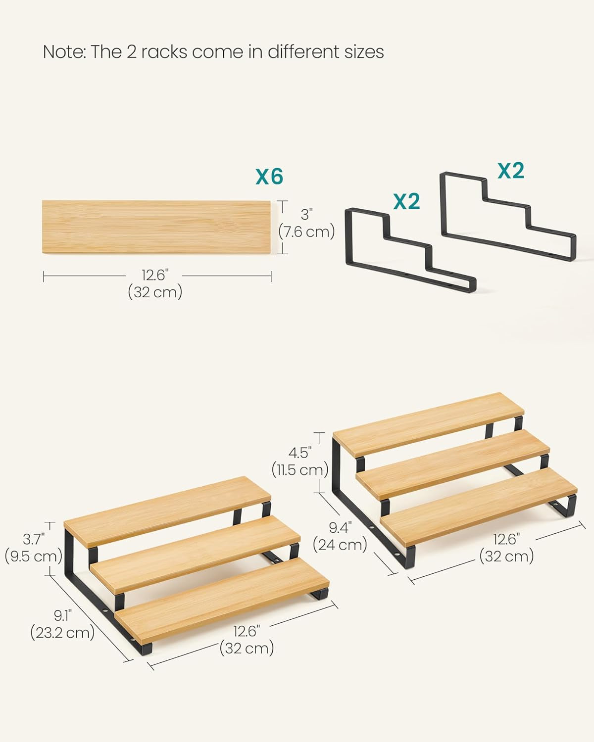 Display Risers, Set of 2 Engineered Wood Perfume Organizer Stand, 3-Tier Cupcake Stand Holder, Spice Rack, Shelf Risers for Figures, Dessert Shelves, Natural Beige and Ink Black UKCS016N01