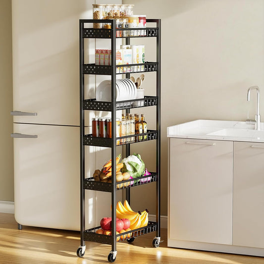 6 Tier Slim Storage Cart, Narrow Rolling Cart with Wheels, Narrow Mobile Utility Shelf Unit Organizer for Kitchen, Bathroom, Laundry Room, Living Room, Small Places, 10In(W), Black
