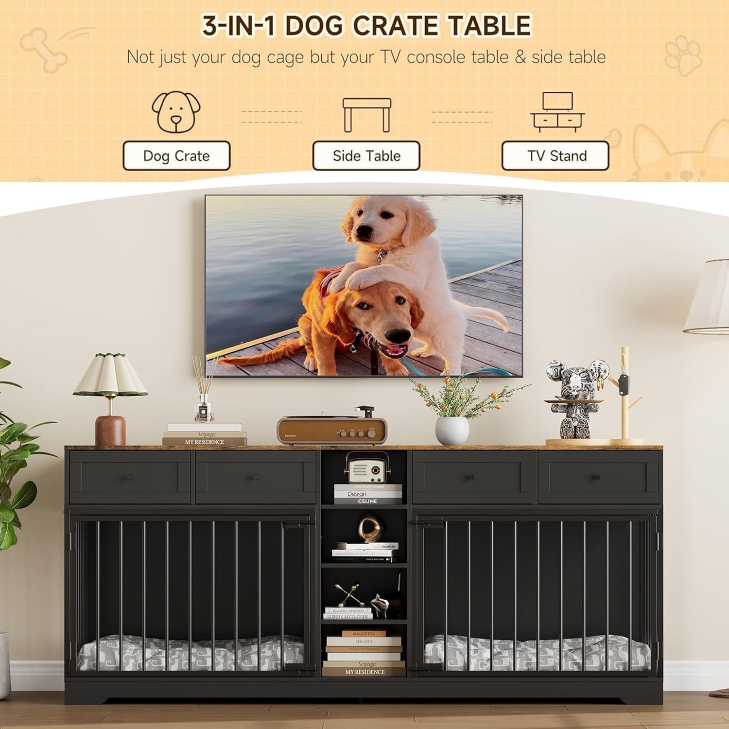 82" Large Dog Crate Furniture for 2 Dogs, Double Dog Crate with 4 Drawers and 4 Shelves, Wooden Dogs Kennel Furniture Large Breed, Indoor Pet Cage TV Stand with Divider, Black