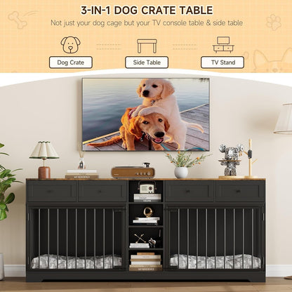 82" Large Dog Crate Furniture for 2 Dogs, Double Dog Crate with 4 Drawers and 4 Shelves, Wooden Dogs Kennel Furniture Large Breed, Indoor Pet Cage TV Stand with Divider, Black