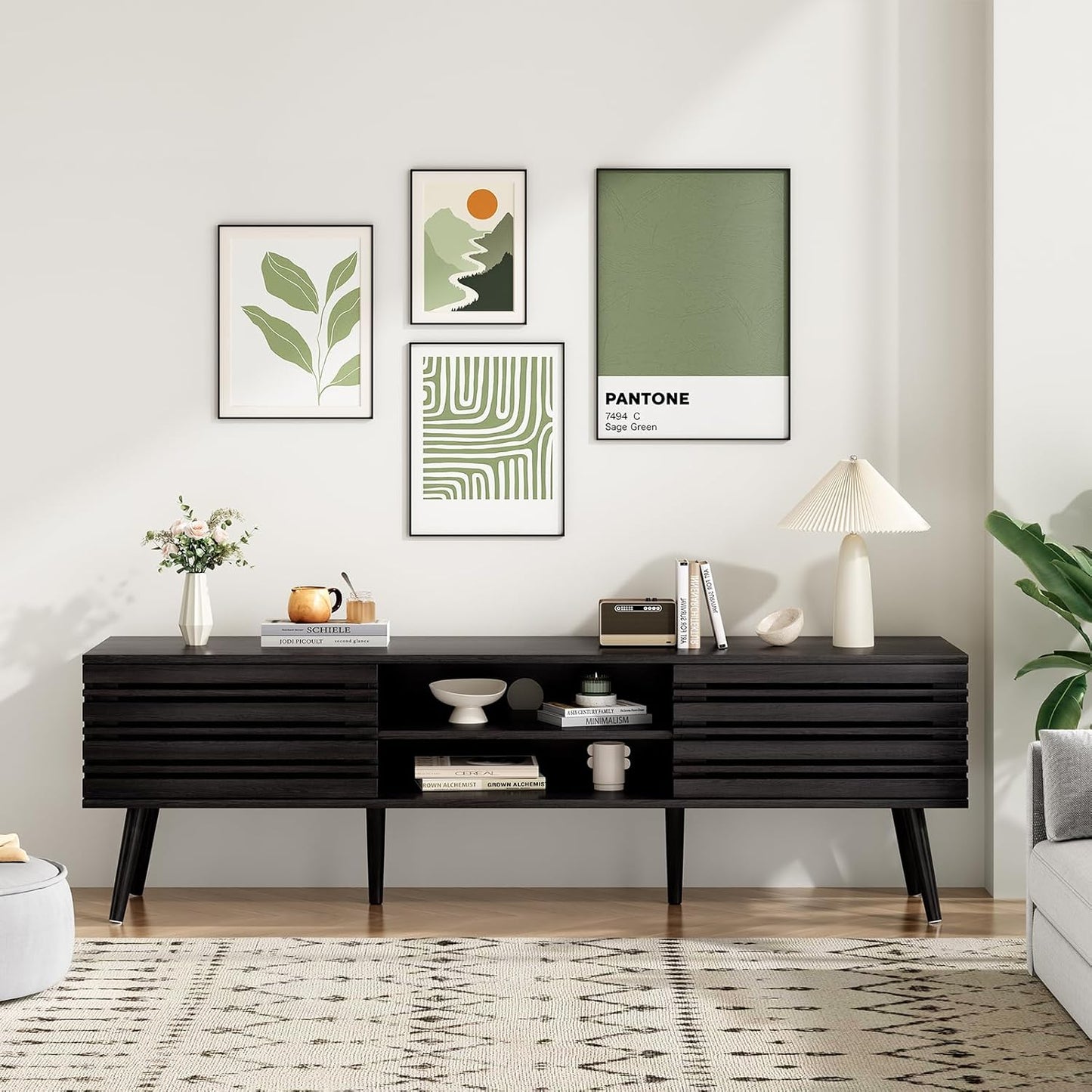 Mid Century Modern TV Stands for up to 70" TV with Storage, Fluted Wood TV Stand for Living Room, Boho Media Console, Entertainment Center with Cable Management