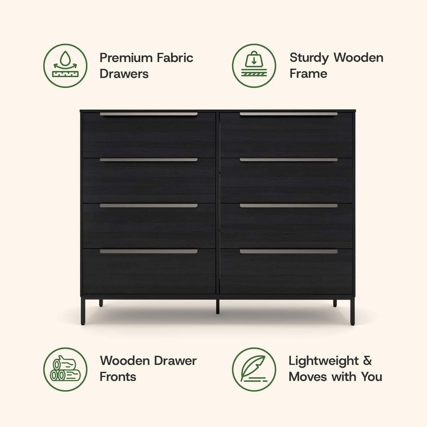 Lira Premium Fabric Dresser - Solid Wooden Frame, 8 Spacious Sag-Proof Drawers with Sleek Metal Handles - Premium & Durable Storage Solution for Your Home (Black)