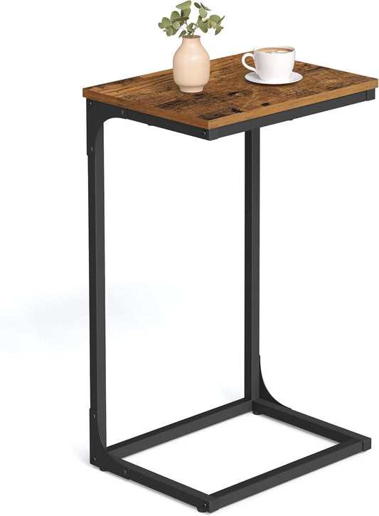 C-Shaped End Table, Side Table for Sofa, Couch Table with Metal Frame, Small TV Tray Table for Living Room, Bedroom, Rustic Brown and Black