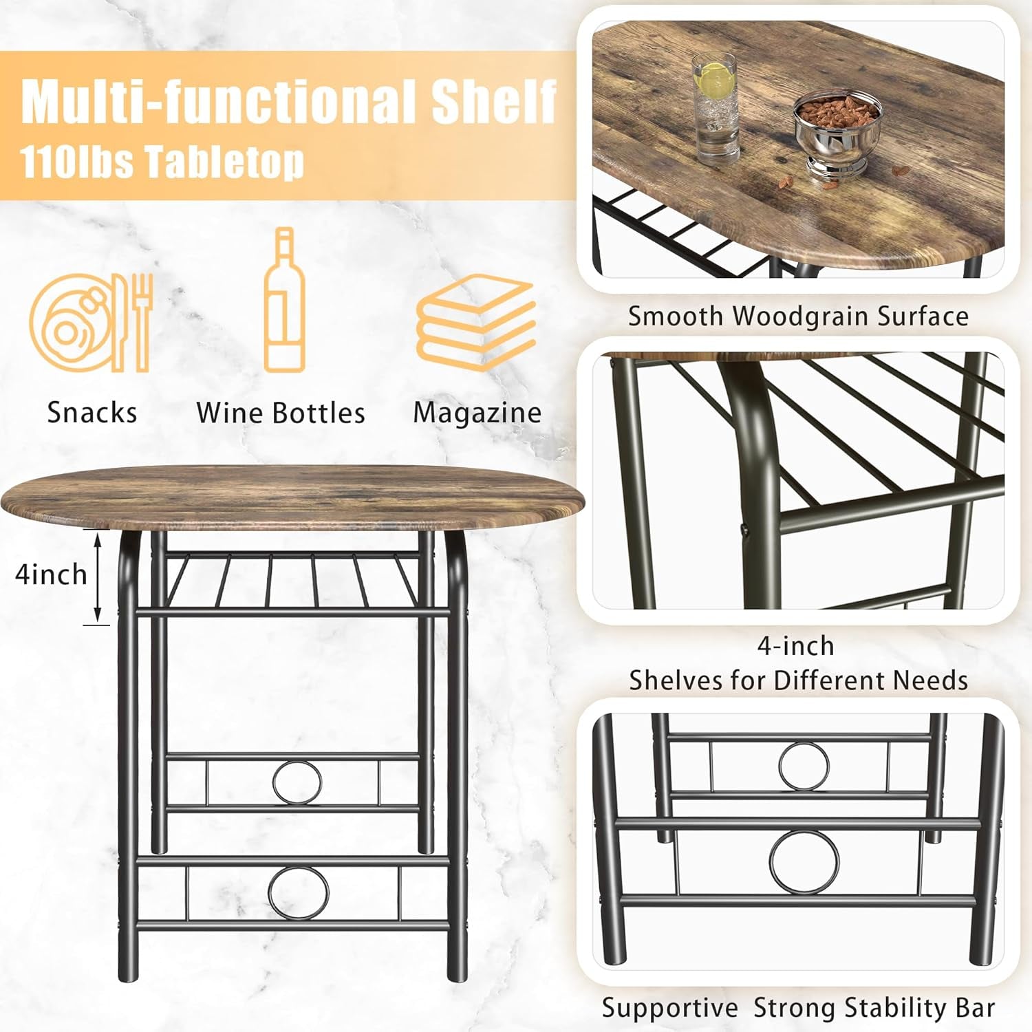 3-Piece Wooden round Table & Chair Set, Space Saving Kitchen Breakfast Nook Wood Grain Tabletop with Metal Frame and Built-In Wine Rack for Kitchen, Dining Room (Walnut/Black)