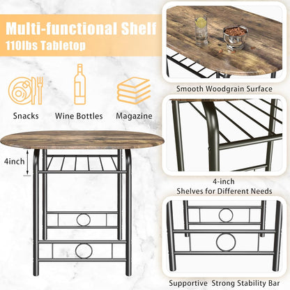 3-Piece Wooden round Table & Chair Set, Space Saving Kitchen Breakfast Nook Wood Grain Tabletop with Metal Frame and Built-In Wine Rack for Kitchen, Dining Room (Walnut/Black)