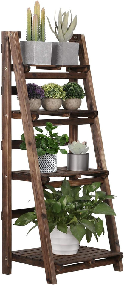 Foldable Ladder Shelves, Decorative Wall-Leaning Home Office Storage Rack Shelves, Display Shelving for Livingroom Bedroom Balcony, Fir Wood Brown, Simple Assembly 4 Tier