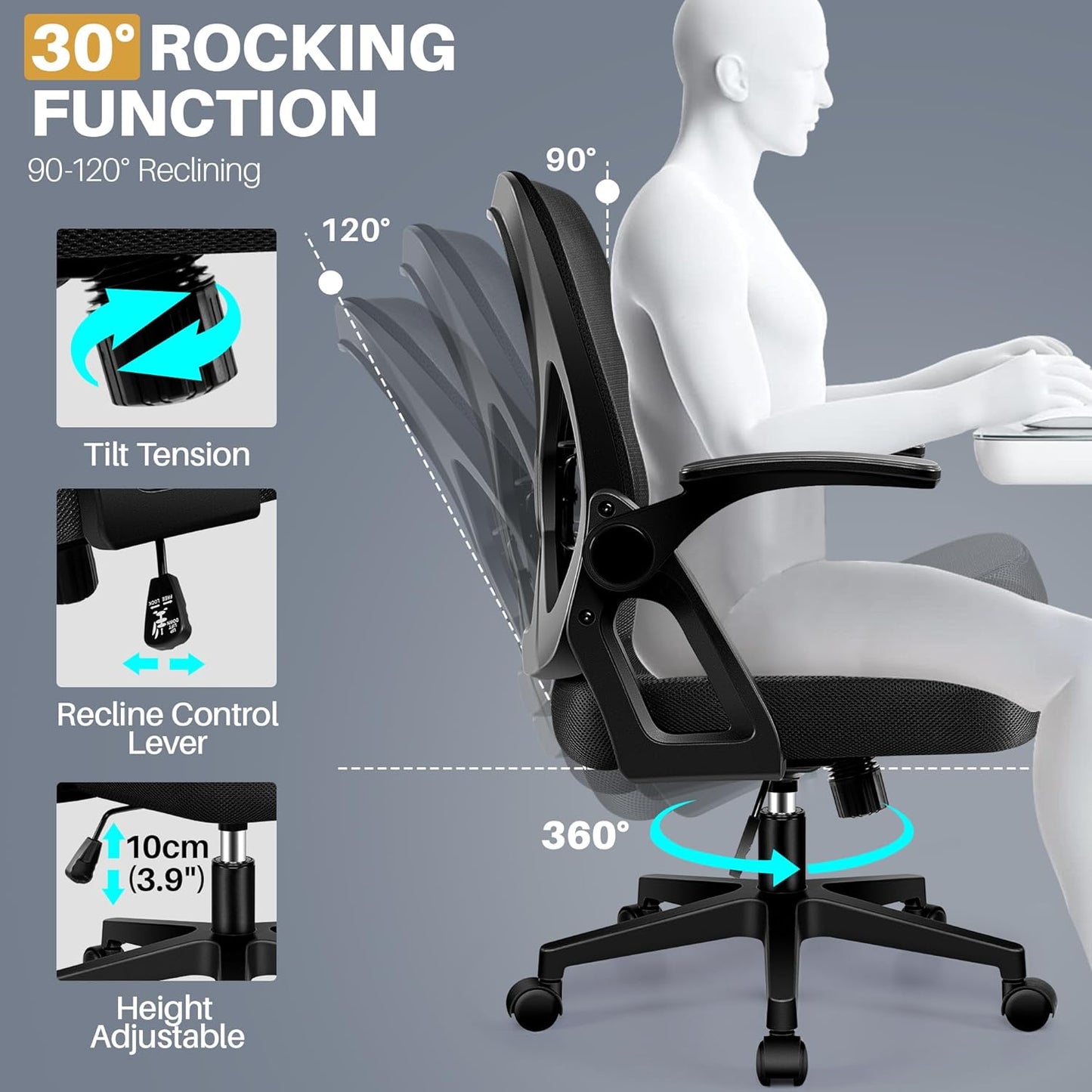Office Chair - Ergonomic Desk Chair Breathable Mesh Task with Wheels and Lumbar Support Home Desk Office Chairs with Flip up Armrest Rolling Swivel for Home Computer Black