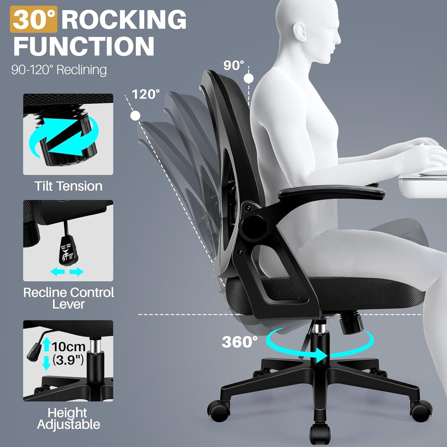 Office Chair - Ergonomic Desk Chair Breathable Mesh Task with Wheels and Lumbar Support Home Desk Office Chairs with Flip up Armrest Rolling Swivel for Home Computer Black
