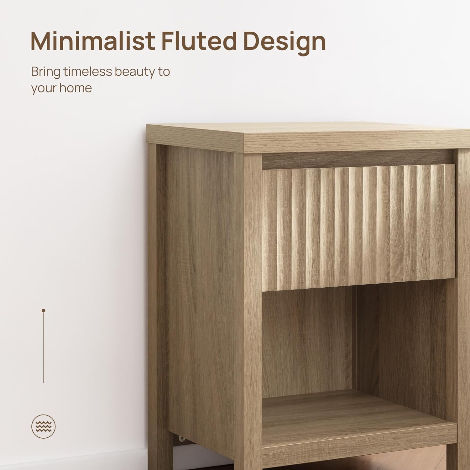 Fluted Night Stand Set of 2, Farmhouse Nightstands with Drawer, Boho Bedside Table with Storage Shelf, Large End Tables Bed Side Tables for Bedroom, Light Oak