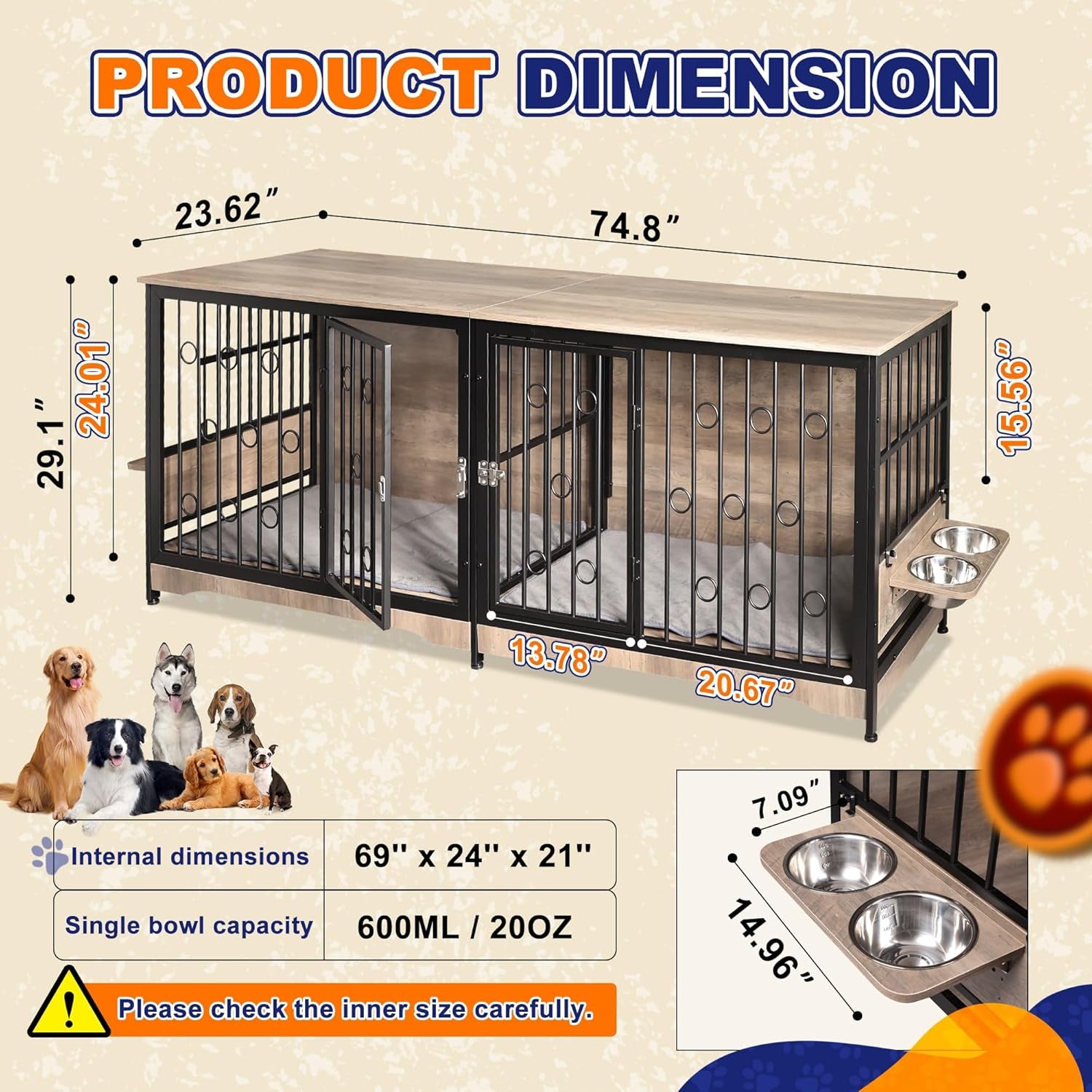 75'' Dog Crate Furniture Large Storage TV Stand with Dual Cushion / 4 Bowls/Double Rooms, Wooden Dog Kennel Dog Crate End Table with Removable Divider for Large Medium Dogs, Rustic Brown