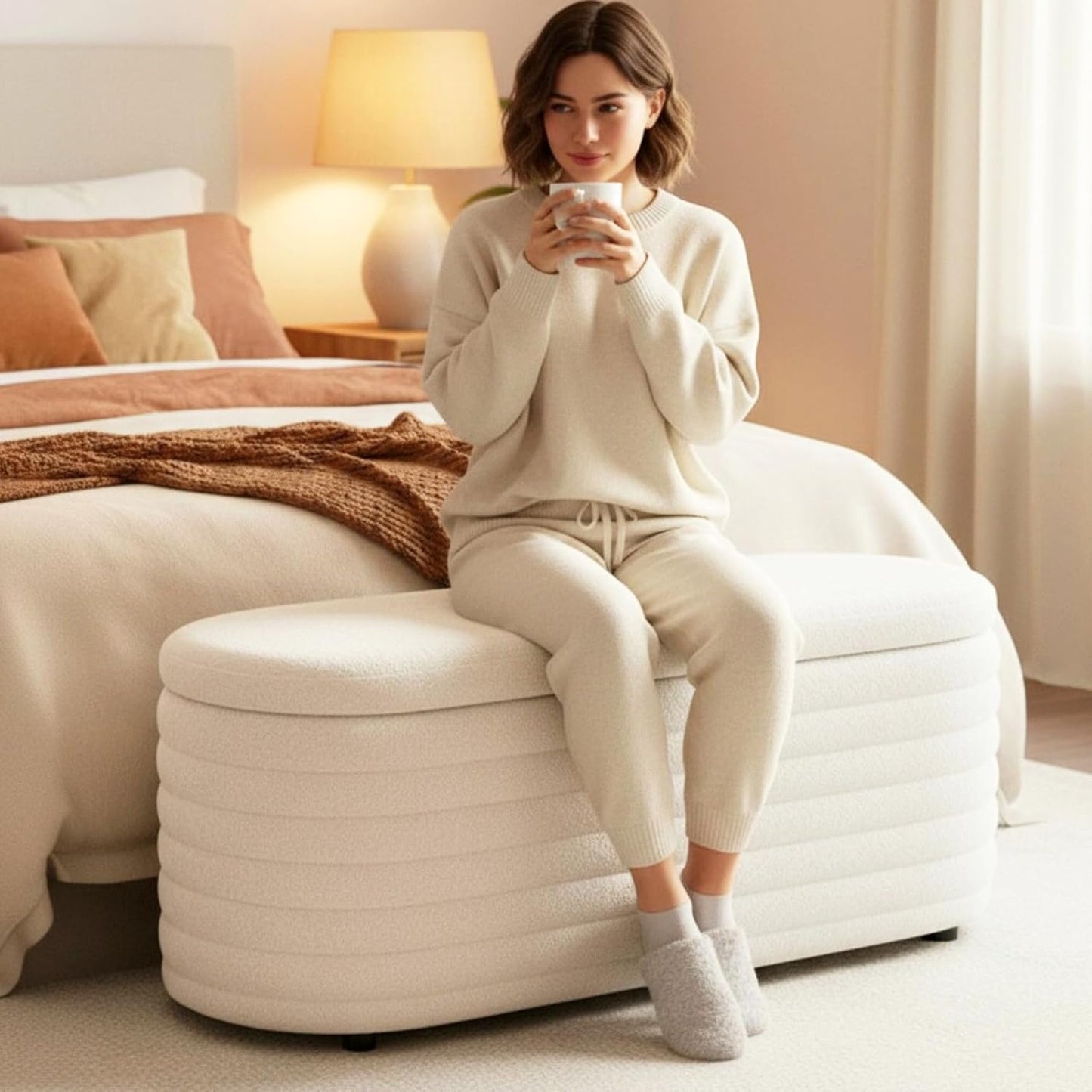 Storage Teddy Ottoman Bench Upholstered Fabric Storage Bench End of Bed Stool with Safety Hinge for Bedroom, Living Room, Entryway, Closet(45.5", White)