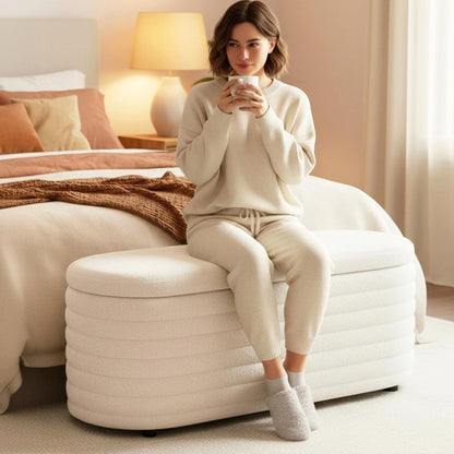 Storage Teddy Ottoman Bench Upholstered Fabric Storage Bench End of Bed Stool with Safety Hinge for Bedroom, Living Room, Entryway, Closet(45.5", White)