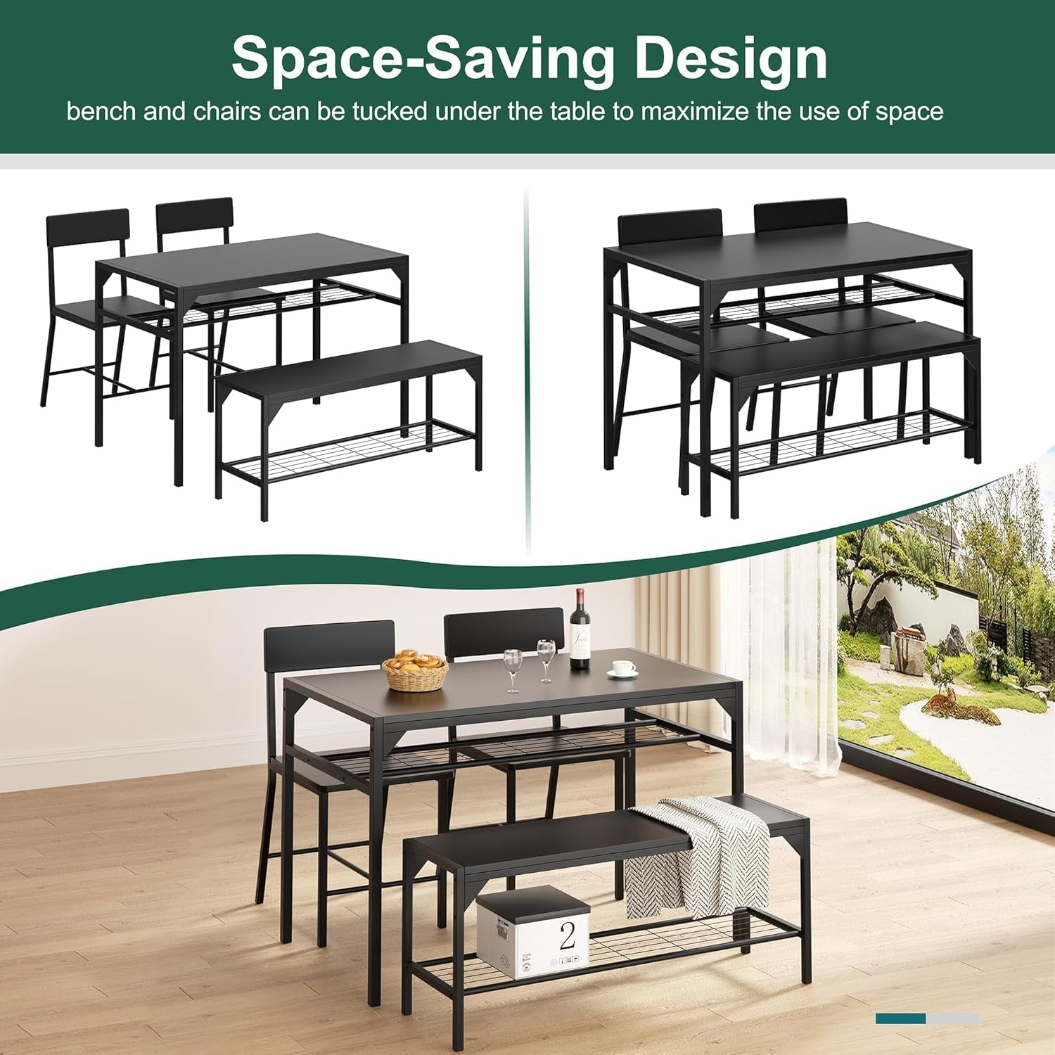 Kitchen Table Chairs Set of 4, Dining Table Set for 4 with Bench and Chairs, 4 Pieces Kitchen Table Set with Storage Rack & Metal Frame for Small Space, Black