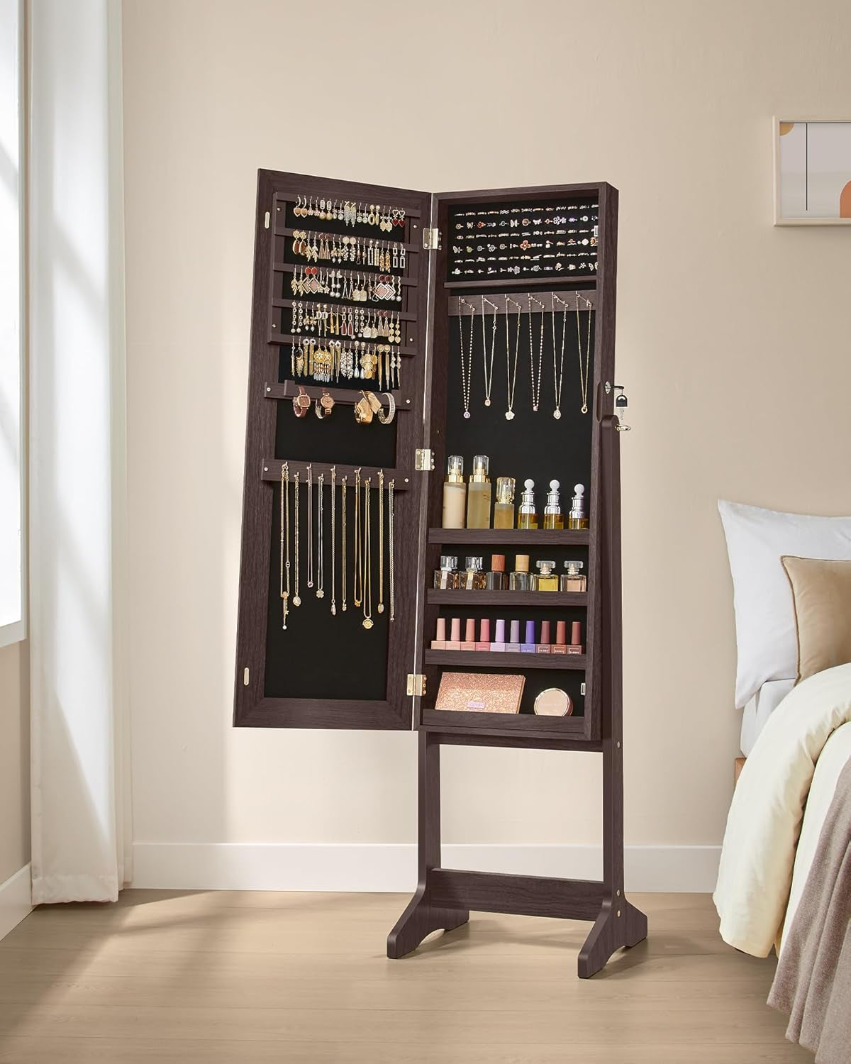 Mirror Jewelry Cabinet Armoire, Standing Full-Length Mirror, Lockable Jewelry Organizer, Gift Idea, Brown Surface and Black Lining UJJC69BR