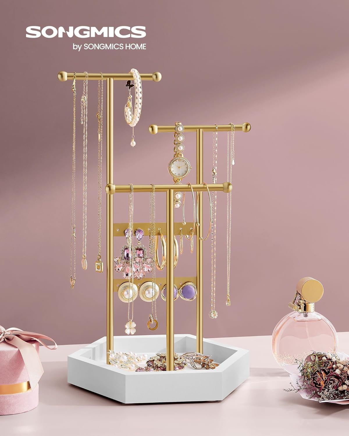 Jewelry Holder, Jewelry Organizer, 3 Tiers and 1 Tray, Jewelry Display Stand with Metal Frame, Necklace Earring Bracelet Holder, for Rings, Pale Gold and White UJJS003A01