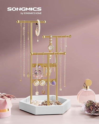 Jewelry Holder, Jewelry Organizer, 3 Tiers and 1 Tray, Jewelry Display Stand with Metal Frame, Necklace Earring Bracelet Holder, for Rings, Pale Gold and White UJJS003A01