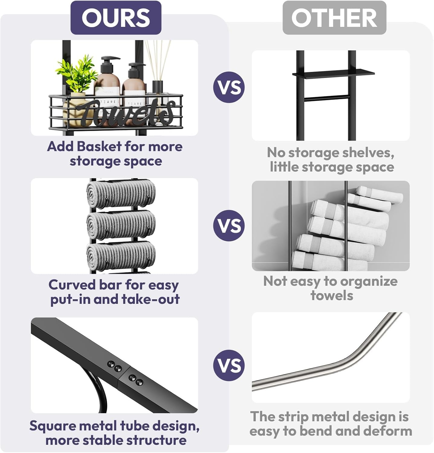 Hanging Towel Racks for Bathroom - 9 Tier over the Door & Wall Mounted Bath Rolled Towel Storage Organizer Holder for Small Bathroom, RV, Camper, Black (Patented)