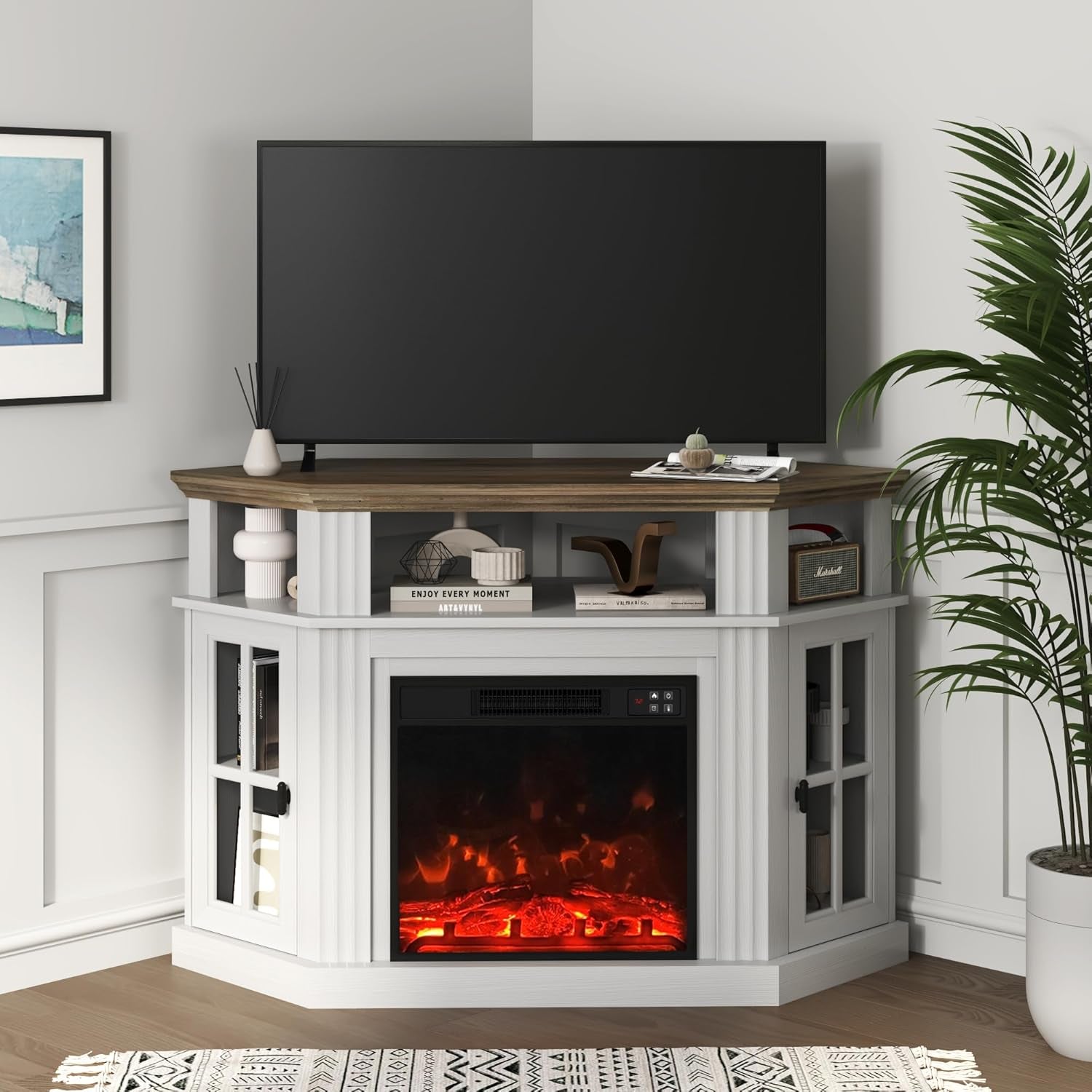 Corner Fireplace TV Stand for Television up to 55" with Storage Cabinets, Entertainment Center, Media Console for Living Room, Bedroom, White＆Rustic