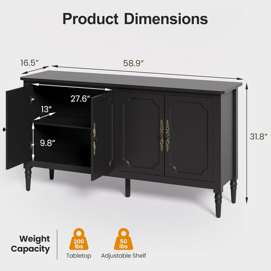 59'' Sideboard Buffet Cabinet with Storage, Modern Buffet Cabinet with Adjustable Shelves & Carved Handle, Mid Century Large Credenza Coffee Bar for Dining Room, Living Room (Satin Black)
